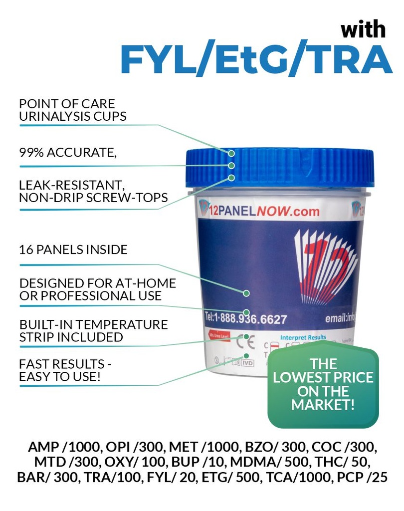 16 Panel Drug Test Cup FYL/FEN, EtG, TRA